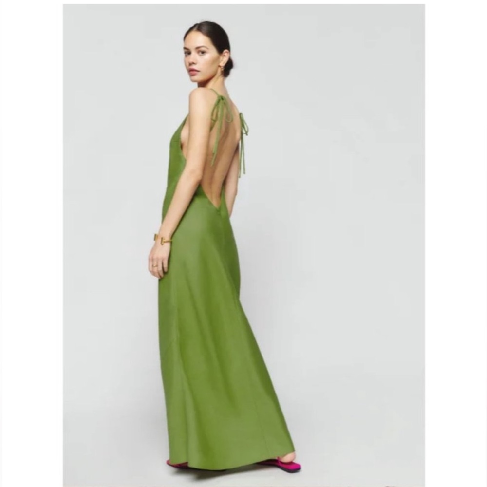 NWT Reformation Selia Linen Dress in Avocado Tie Straps Maxi Open Back